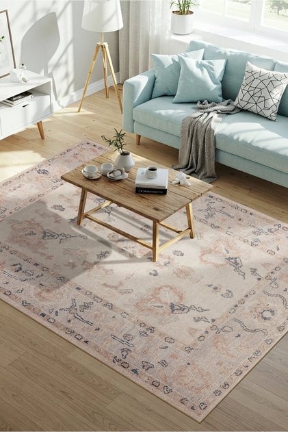 Relic Krem / Pudra Vintage Dokulu Klasik Desenli Dokuma Tabanlı Şönil Halı AL 510