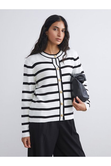 Timeless Clothing & Timeless Choices Zero Roba Collar Striped Women's Knitwear Cardigan