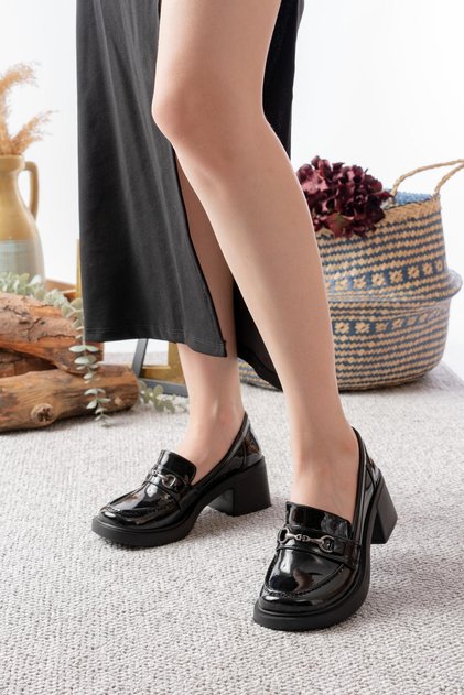 Women's Tilda Black Patent Leather Thin Buckle Detailed 6 cm Heeled Lofer Shoes