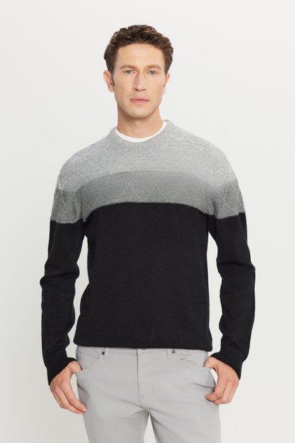 Men's Grey-Black Warm Colorblock Patterned Knitwear Sweater Standard Fit Crew Neck