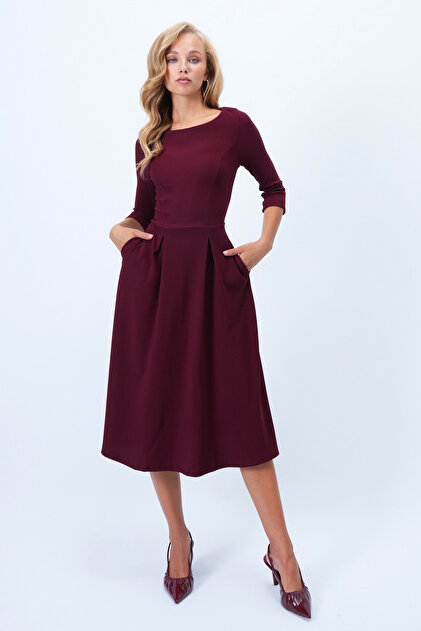 Trend Alaat Stili Burgundy Boat Neck Three Quarter Sleeve Pleated  Detailed Double Pocket Midi Length Flared Dress Alc-X14359- Trendyol
