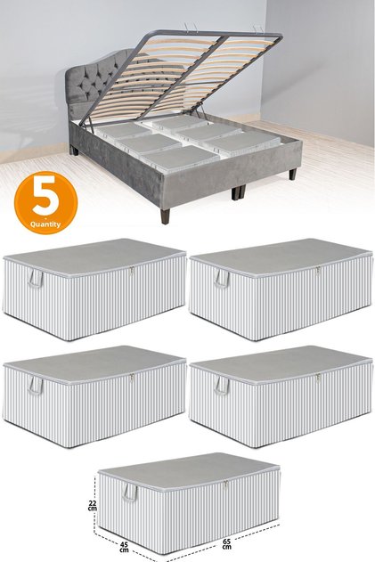 5 Pieces - Anthracite Striped Large Size Bed Base and Sofa Bed Type Storage Bag 65 x 45 x 22 cm