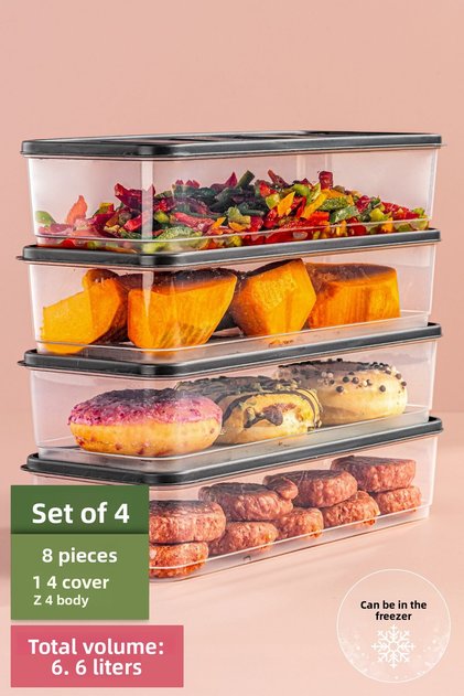 Organizator pentru frigider, 4 bucăți, 1,65 litri, recipient pentru depozitare la congelator, potrivit pentru cuptorul cu microunde, gri
