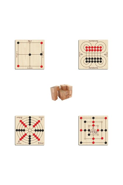 Wooden Intelligence and Strategy Game Set 5 Pieces, 3 Stones + 9 Stones + Bihar + Surakarta and Soma Cube