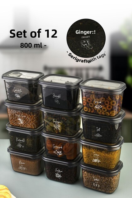 12-Piece Peggy Rectangular Spice Jar Set with White Screen Printing Label 800 Ml Anthracite