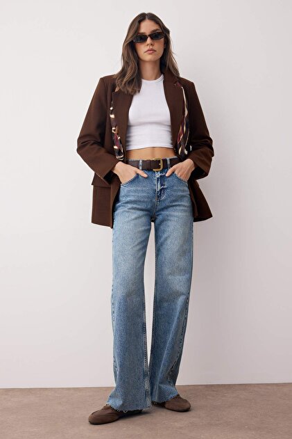 Trendyolmilla Mavi Yüksek Bel Paçası Kesikli Az Esnek Wide Leg Trendyolmilla Mavi Yüksek Bel Paçası Kesikli Az Esnek Wide Leg