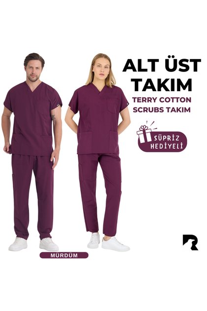 Dark Plum Terry Cotton Doctor Nurse Jersey Set Scrubs Uniform Surgical Suit