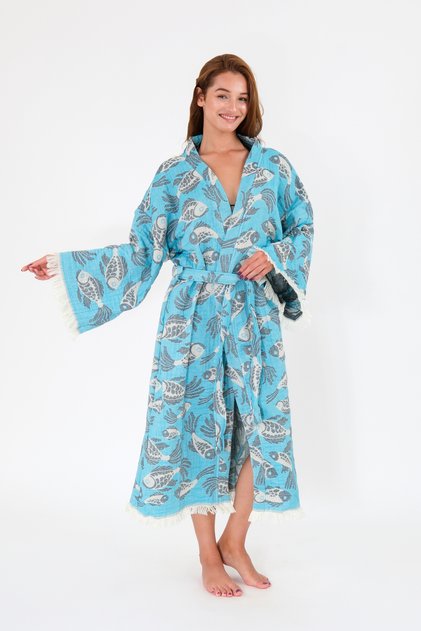 Muslin Kimono 100% Cotton Fish Patterned Jacquard Bathrobe Kaftan Dressing Gown Blue