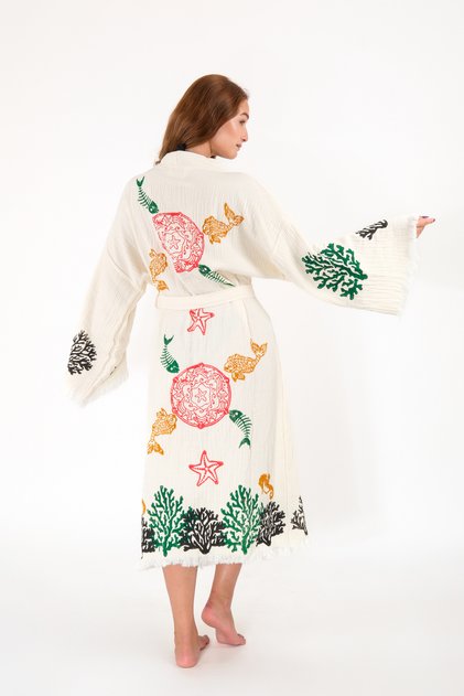 Muslin Kimono 100% Cotton Fish Printed Patterned Bathrobe Kaftan Dressing Gown