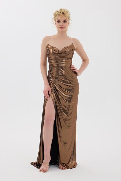 chiffon evening dresses ZAPAKASA Women Dark A Line Grey Ruched Long Chiffon Mother of the Bride  Dress with Slit V-Neck Long Sleeves Wedding Guest Dress main image 0