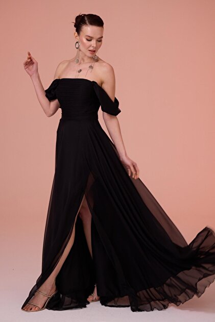 CARMEN Black Chiffon Low Sleeve Long Evening Dress- Trendyol