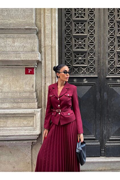 Kadın Bordo Kemerli Blazer Ceket ve Pilliseli Takım