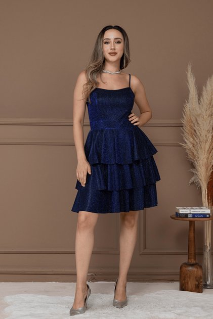 Glittery Mini Dress with Drawstring Back - Dark Blue
