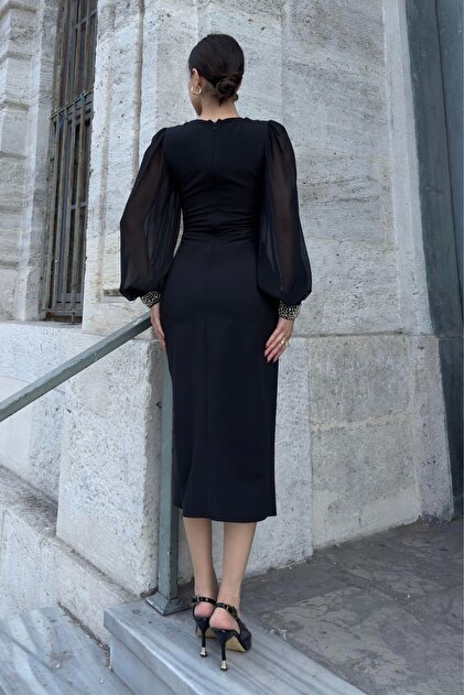 lodmela Pearl Decoration Detailed Slit Evening Dress 2223-Black