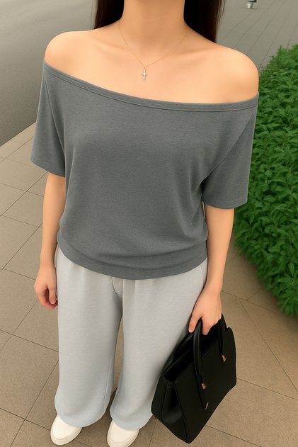 Anthracite Women's Off Shoulder Boat Neck Oversize T-Shirt