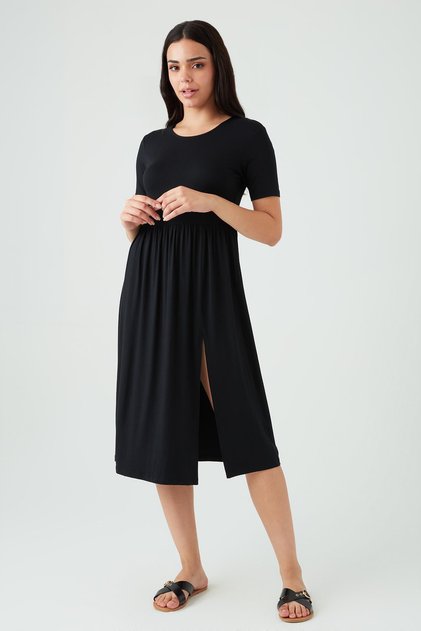 Rochie midi neagră cu mânecă scurtă pentru femei