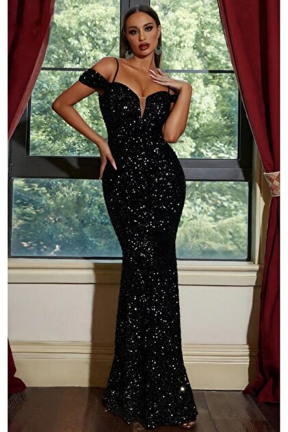 maf collection Women's Black Velvet Sequins Sequin Fish Long Evening Dress  Homecoming Dress- Trendyol