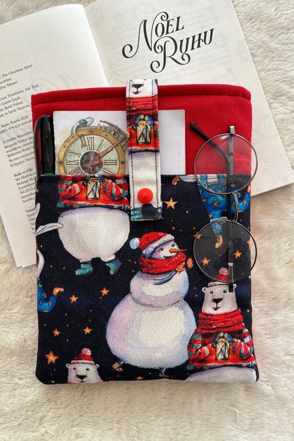 Linen Book Sleeve Two Compartments Winter Themed Padded Fabric Organizer Book Lover Gift