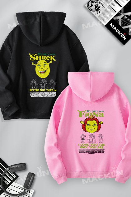 مجموعة من قطعتين من سويت شيرت بقلنسوة بتصميم خاص مطبوع عليه Shrek and Fiona Back