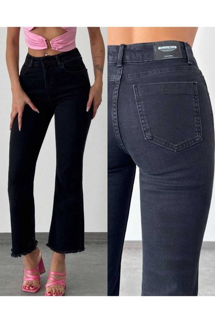 Paçası Püsküllü Likralı Mini Flare Jean Pantolon
