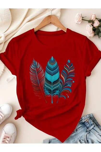 Blue Feathers Printed Women's Cotton T-Shirt