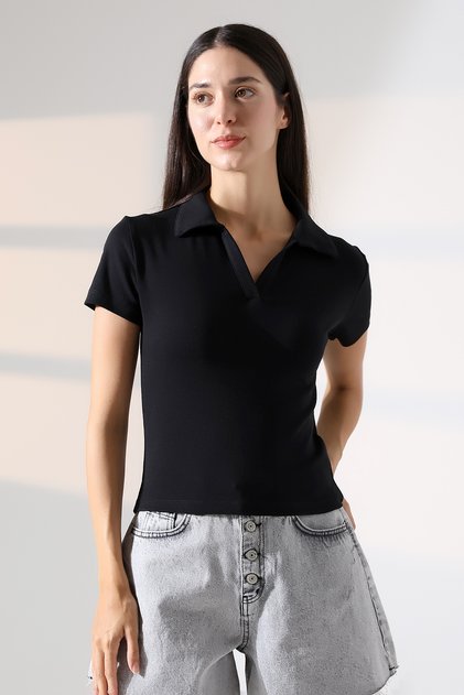 Relax Fit Comfortable Cut Cotton Rib Knit Shirt Collar Short Sleeve Basic Women's T-Shirt 22023 BLACK
