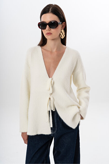 Women's Short Shaggy V-Neck Tie-Up Basic Long Cardigan