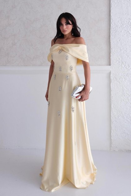 Yellow Off Shoulder Strapless Jewel Satin Evening Dress