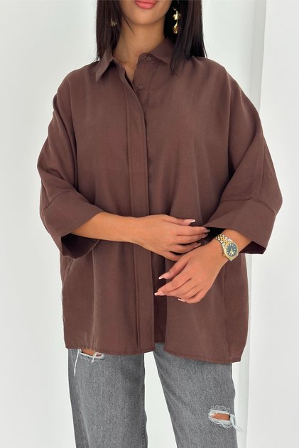 Women's Brown Hidden Button Comfortable Fit Bat Sleeve Loose Fit Oversize
