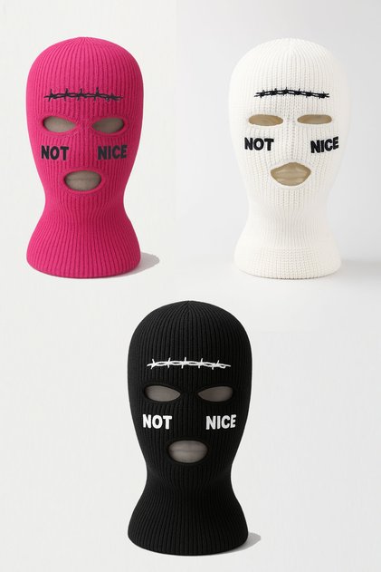 Barbed Wire Note Nice Embroidered Knitted Mask Set of 3 Black White Fuchsia