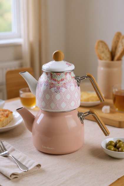 Unique Bambu Kulplu Emaye Çaydanlık Takımı Pembe