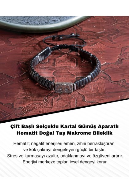 Double Headed Seljuk Eagle Hematite Natural Stone Macrame Bracelet with Silver Apparatus