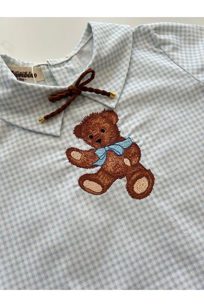 İl Mio Bambino Handmade 100% Cotton Baby Boy Teddy Bear Embroidered Shirt - Blue Plaid - Short Sleeve