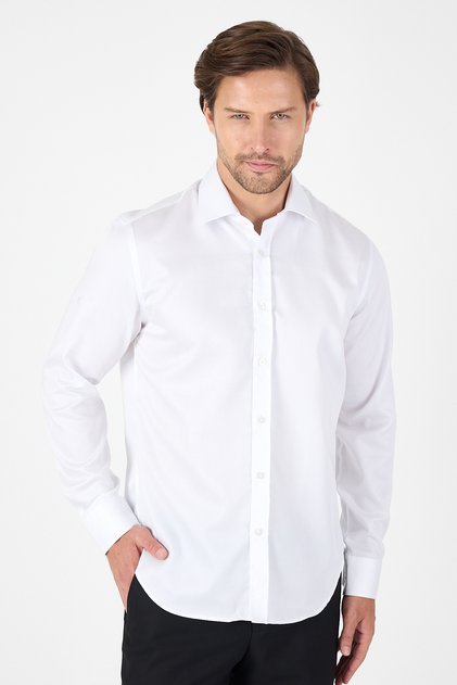 Men's White Long Sleeve Italian Collar Non Iron Slim Fit 100% Cotton Shirt 1004250269