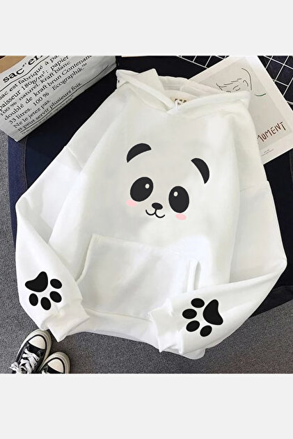 Beyaz Sevimli Panda Kol Detaylı Beyaz Kapşonlu