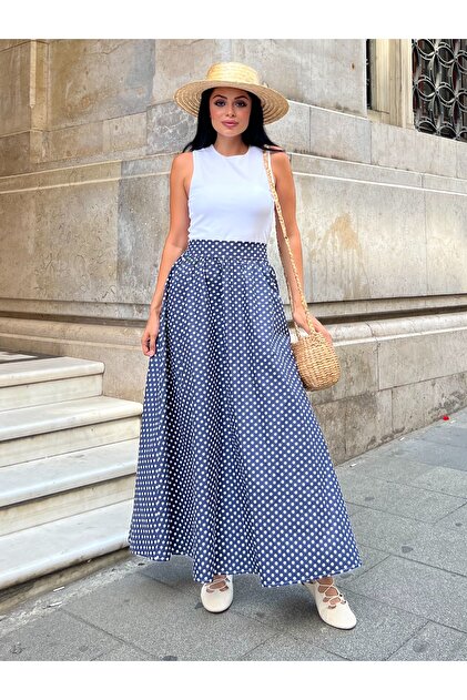 Puantiyeli Lacivert Kloş Poplin Etek