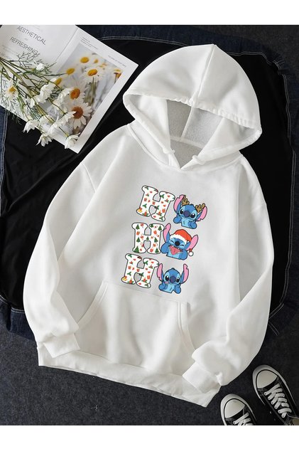 Beyaz Stitch Yılbaşı Hohoho Kapşonlu
