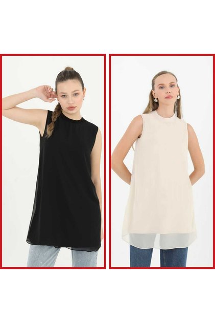 Women's Black-Ecru Colored 2-Piece Sleeveless Underwear Tunic with Chiffon Detail on the Front