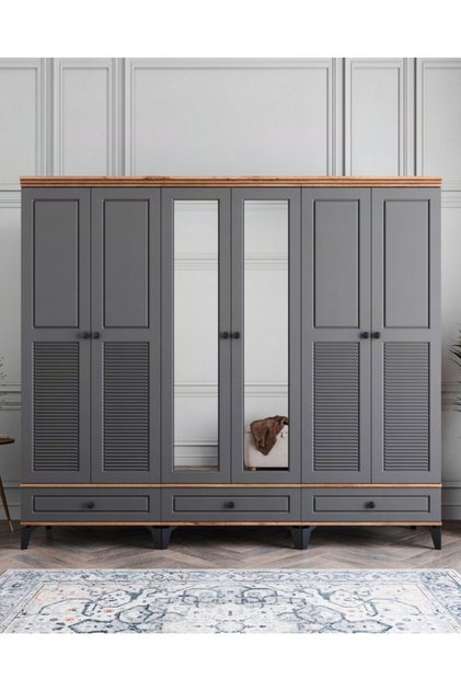 Panjur Fix 6 Kapılı Dolap / %100MDF / Çam-Antrasit