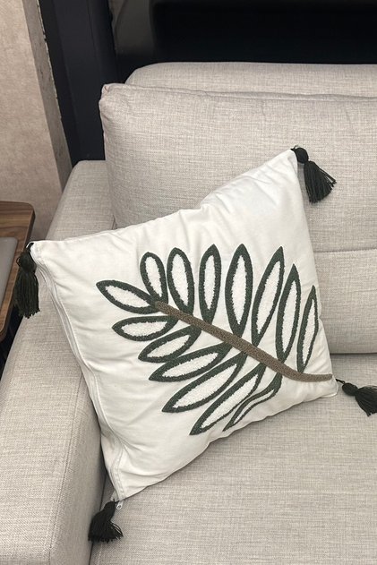 Punch Embroidered Cream Fabric Tasseled 1 Piece Throw Pillow Case Modern Bohemian Pattern Case