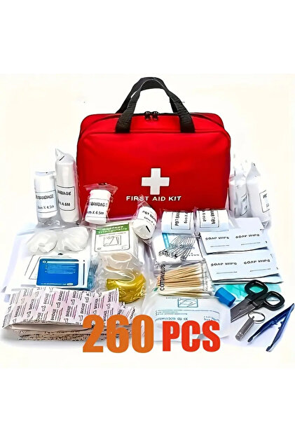 Red 260pcs Deluxe First Aid Kit - Essential Emergency Supplies for Home, Outdoor Adventure and Campi