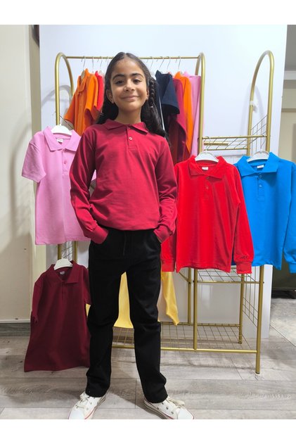 Unisex Children Teenager Polo Neck Long Sleeve School Casual T-Shirt, Breathable Fabric