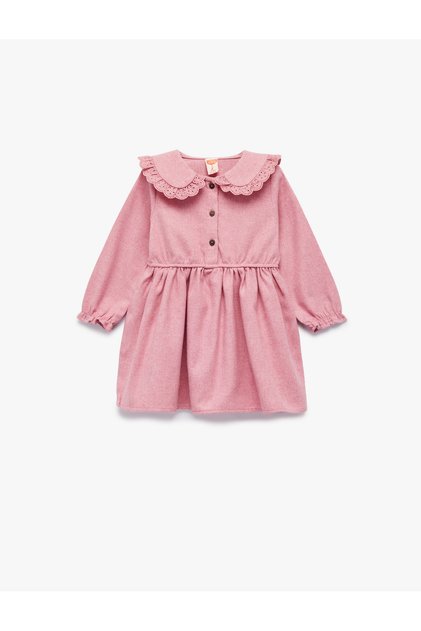Long Sleeve A-Line Buttoned Lace Detail Peter Pan Collar Dress