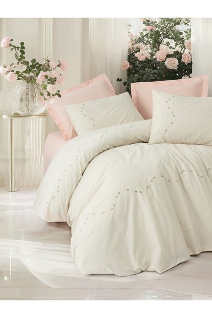 Embroidered Ranforce Double Duvet Cover Set Orya Salmon
