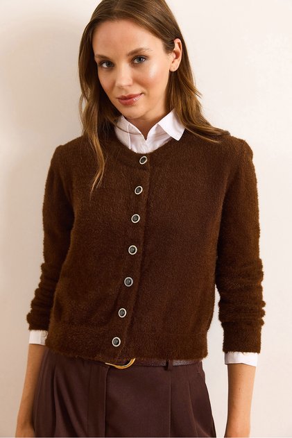 Women's Brown Crew Neck Button Detailed Basic Beard Cardigan Hrk-19000368