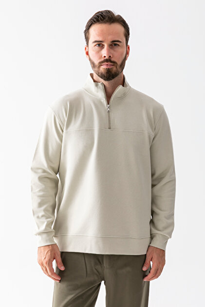 Erkek Dik Yaka Yarım Fermuarlı Dokulu Sweatshirt Taş - 25K 1061