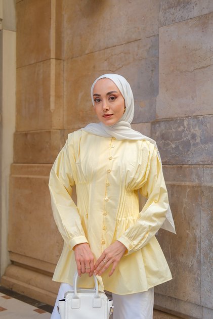 قميص بوبلين مضلع الخصر للسيدات باللون الأصفر