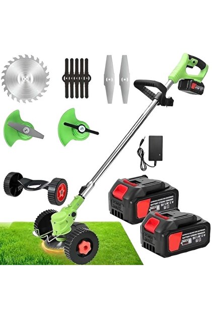Mașină de tuns iarba electrică 1500W, 48V, 2 baterii, 3 unghiuri de tăiere, roți, ABS+Metal, verde