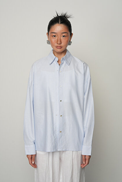 Women's Blue Striped Button Detail Shirt