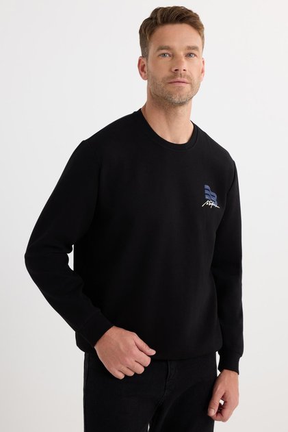 Unisex Relax Fit Cotton Soft Textured Crew Neck Printed Black Sweatshirt with Fleece Inside